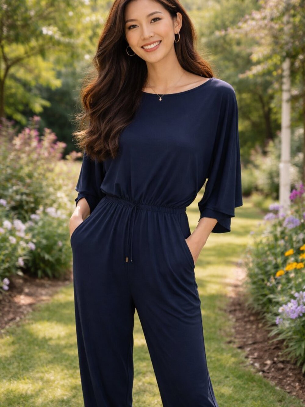 Lauren Ralph Lauren Navy Blue Tie Sleeve Jumpsuit Size Large